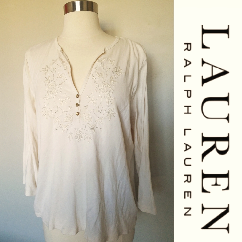 Ralph Lauren Embroidered Front Cream Knit Top size Large